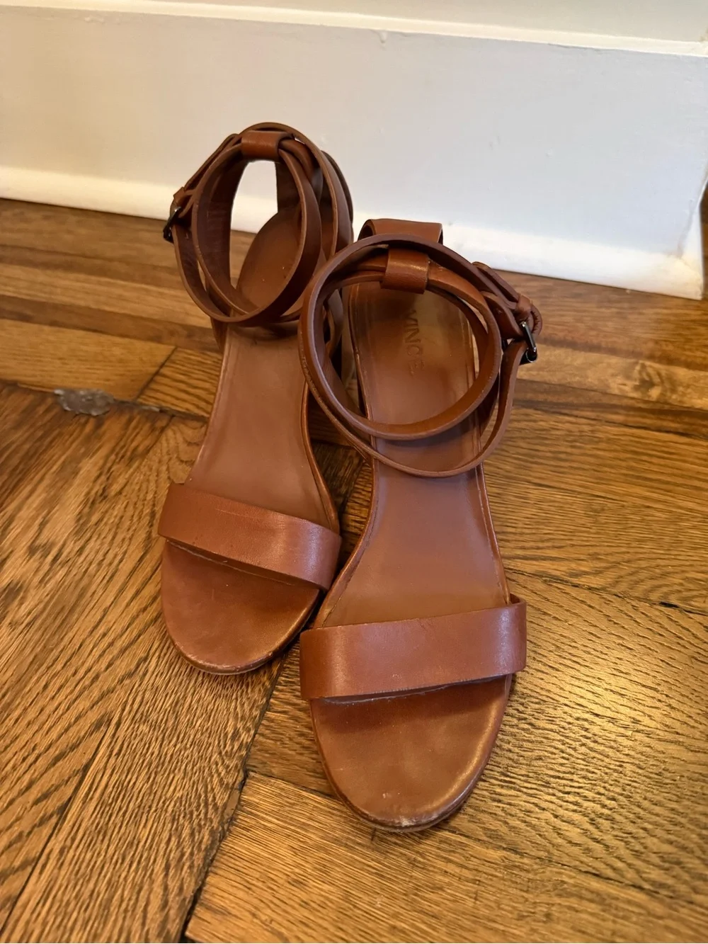 Vince Brown Leather Block Heel Sandals with Ankle Strap